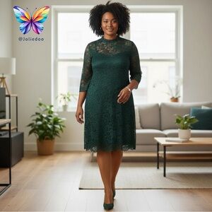 Reitmans Rock&Shine Dark Green Lace 3/4 Sleeves Lined Dress Regular 2X/ XXL